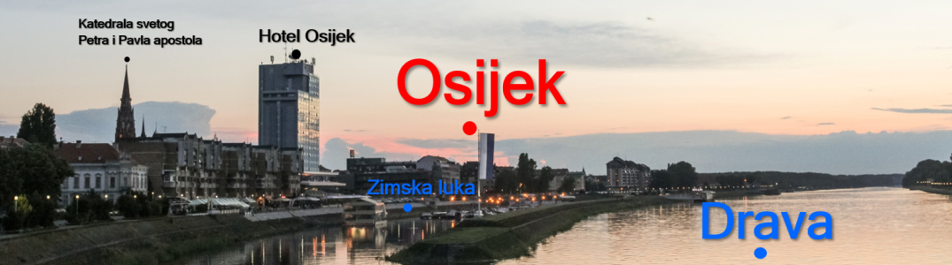 Slika prikazuje fotografiju grada Osijeka i rijeke Drave s pripadajućim geografskim imenima.