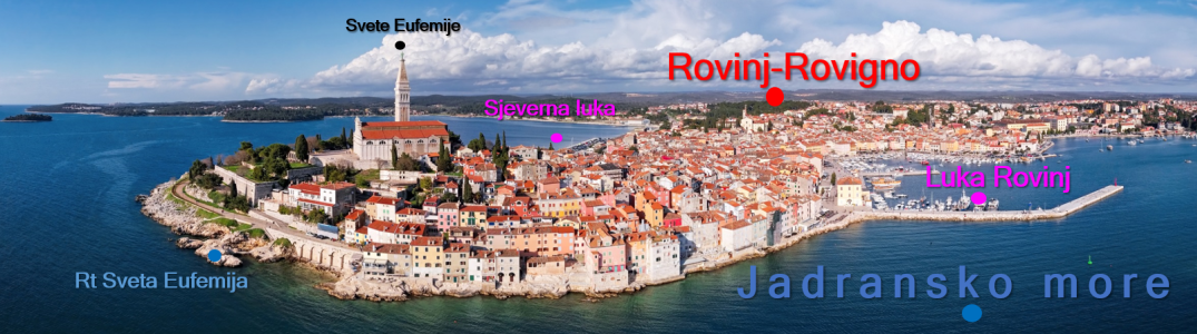 Slika prikazuje fotografiju grada Rovinja s pripadajućim geografskim imenima.